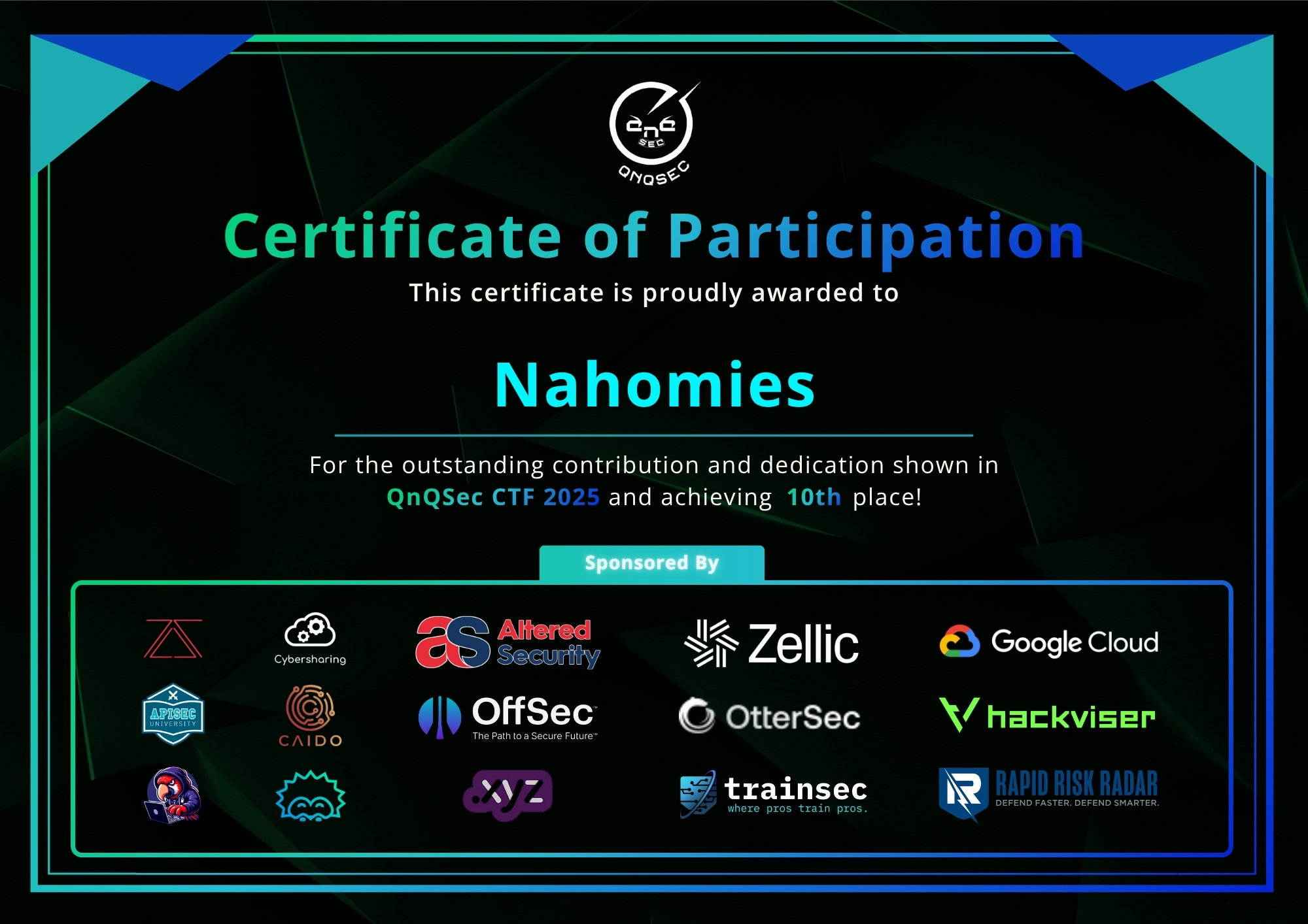 QnQSec CTF 2025 certificate