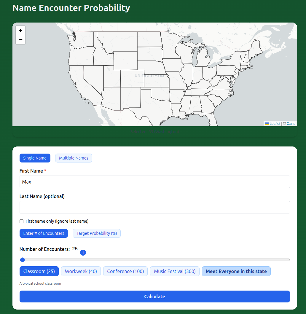 Front page form with name input and state selection